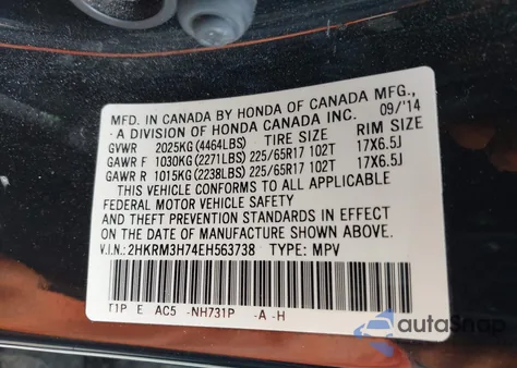 2014 Honda Cr-V Ex-L from USA, damaged, VIN 2HKRM3H74EH563738